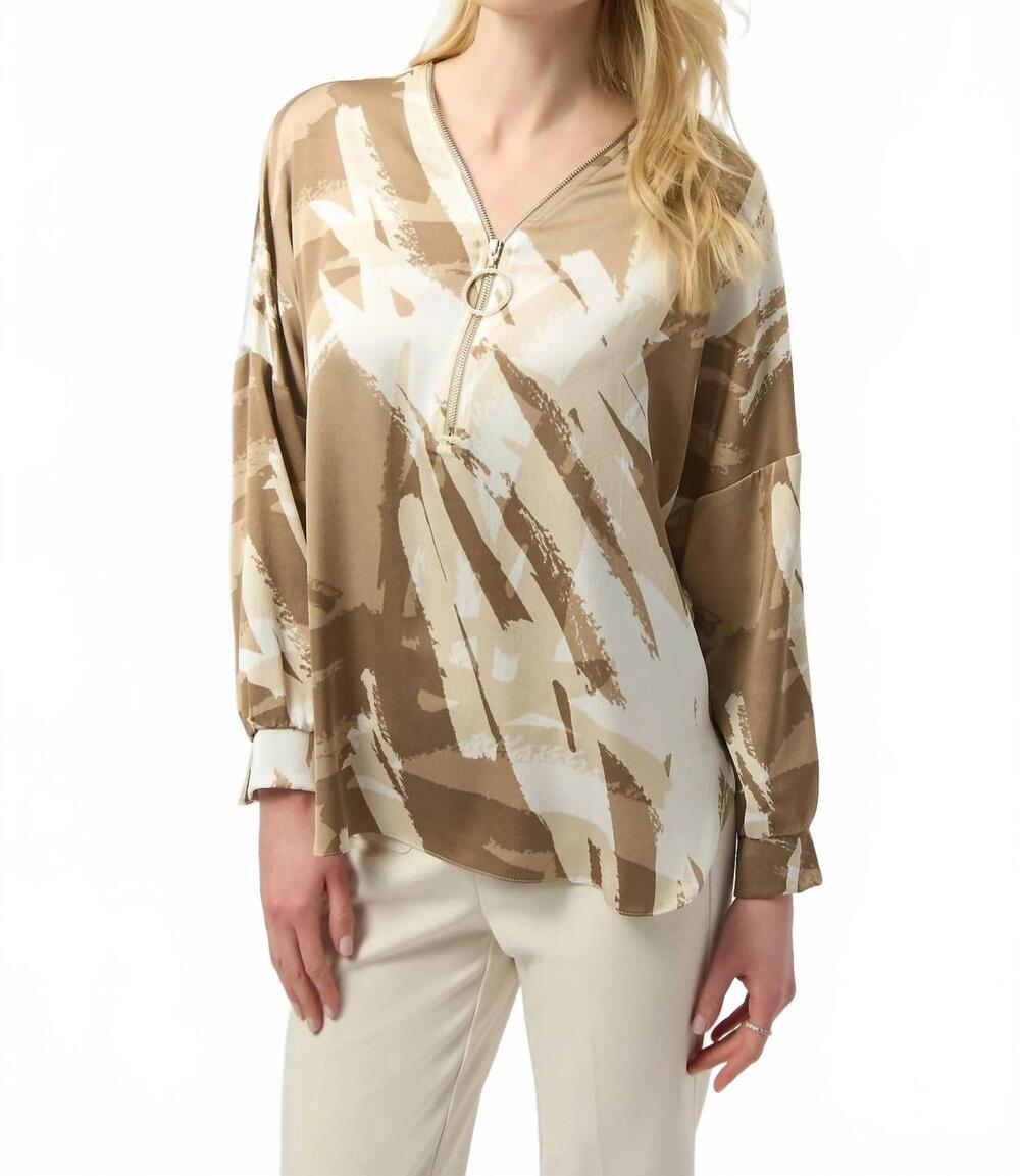 NEW JOSEPH RIBKOFF abstract zip v-neck satin top in beige/off-white